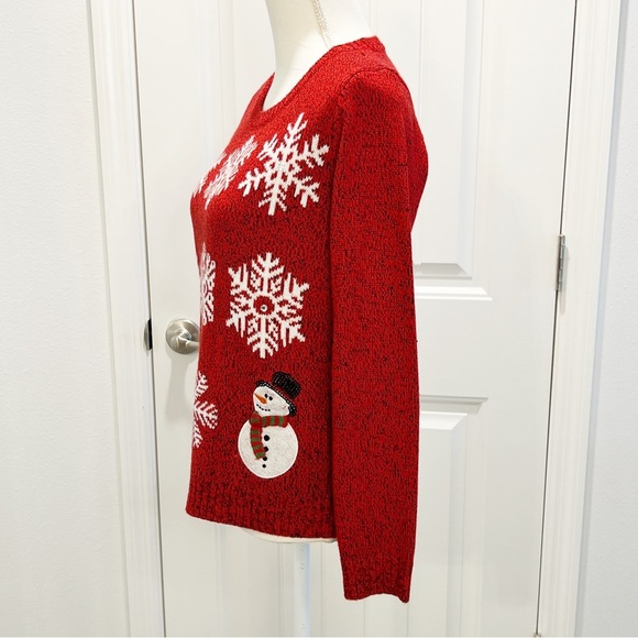 Karen Scott Christmas Snowman Snowflakes Red Sequins Sweater Long Sleeve PM - Picture 4 of 12